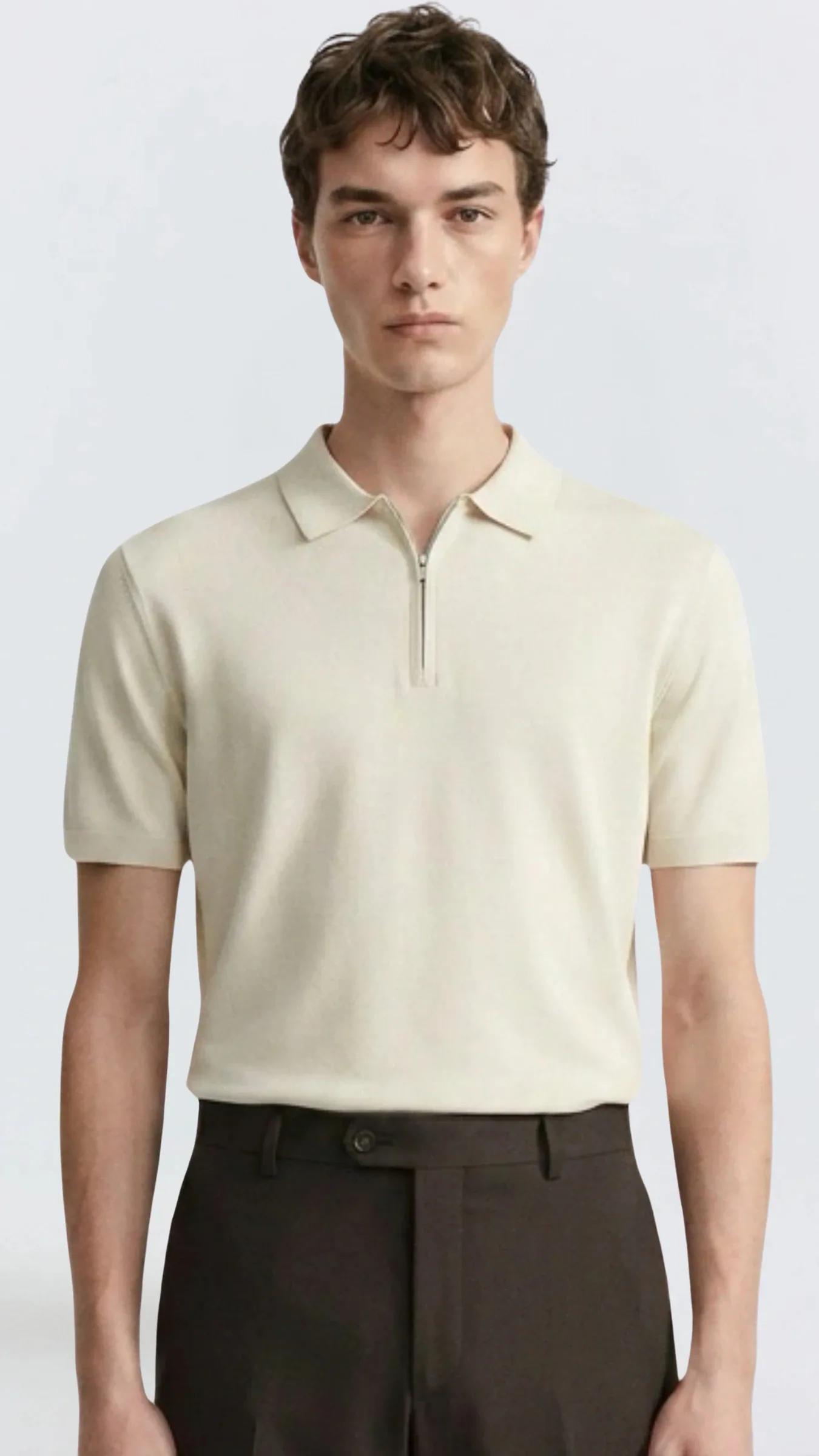 Erkek Fit Fermuarlı Triko Polo Tişört Stefano - Bej