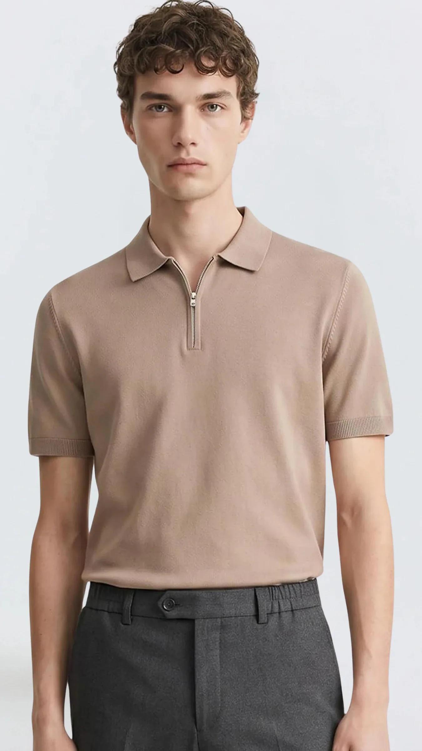 Erkek Fit Fermuarlı Triko Polo Tişört Stefano - Açık Kahve