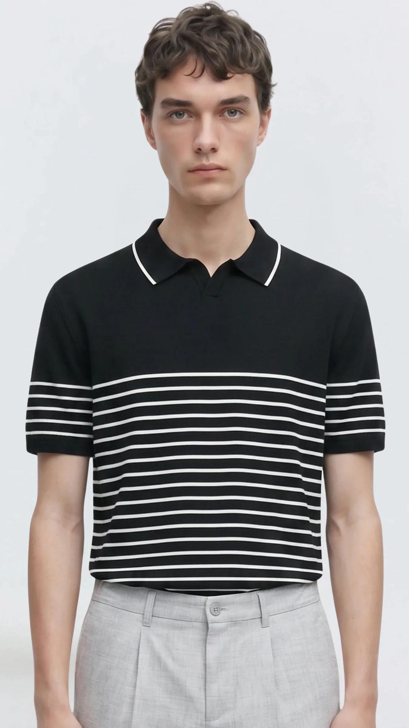 Premium Erkek Triko Polo Tişört Çizgili Emiliano - Siyah