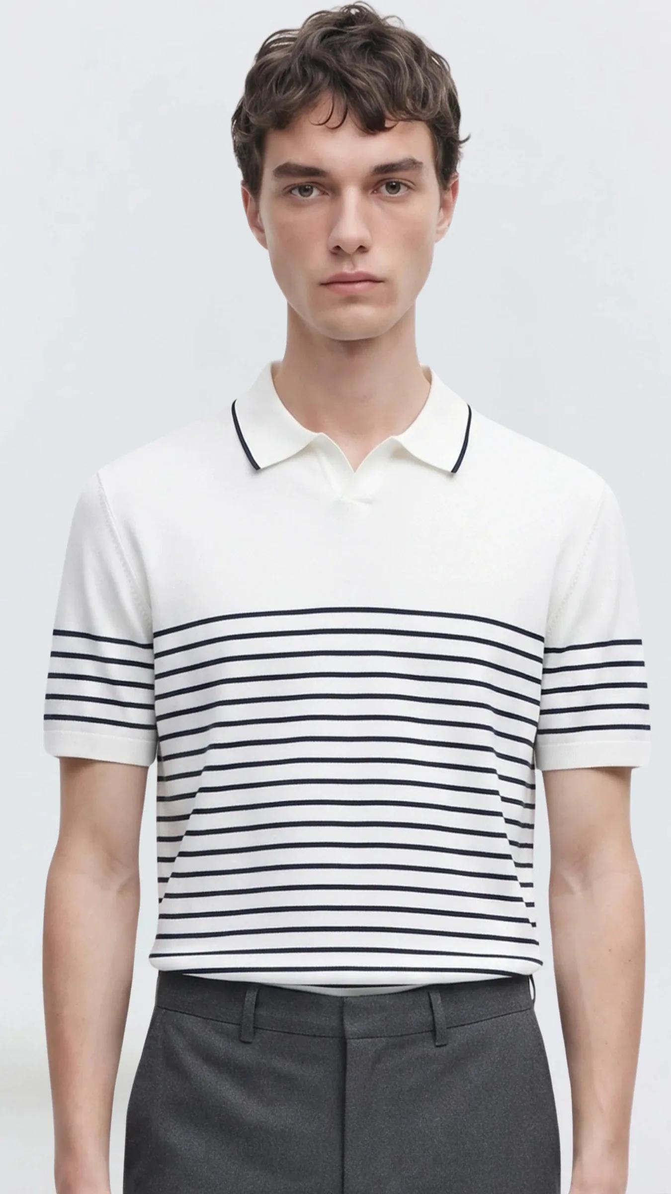 Premium Erkek Triko Polo Tişört Çizgili Emiliano - Beyaz