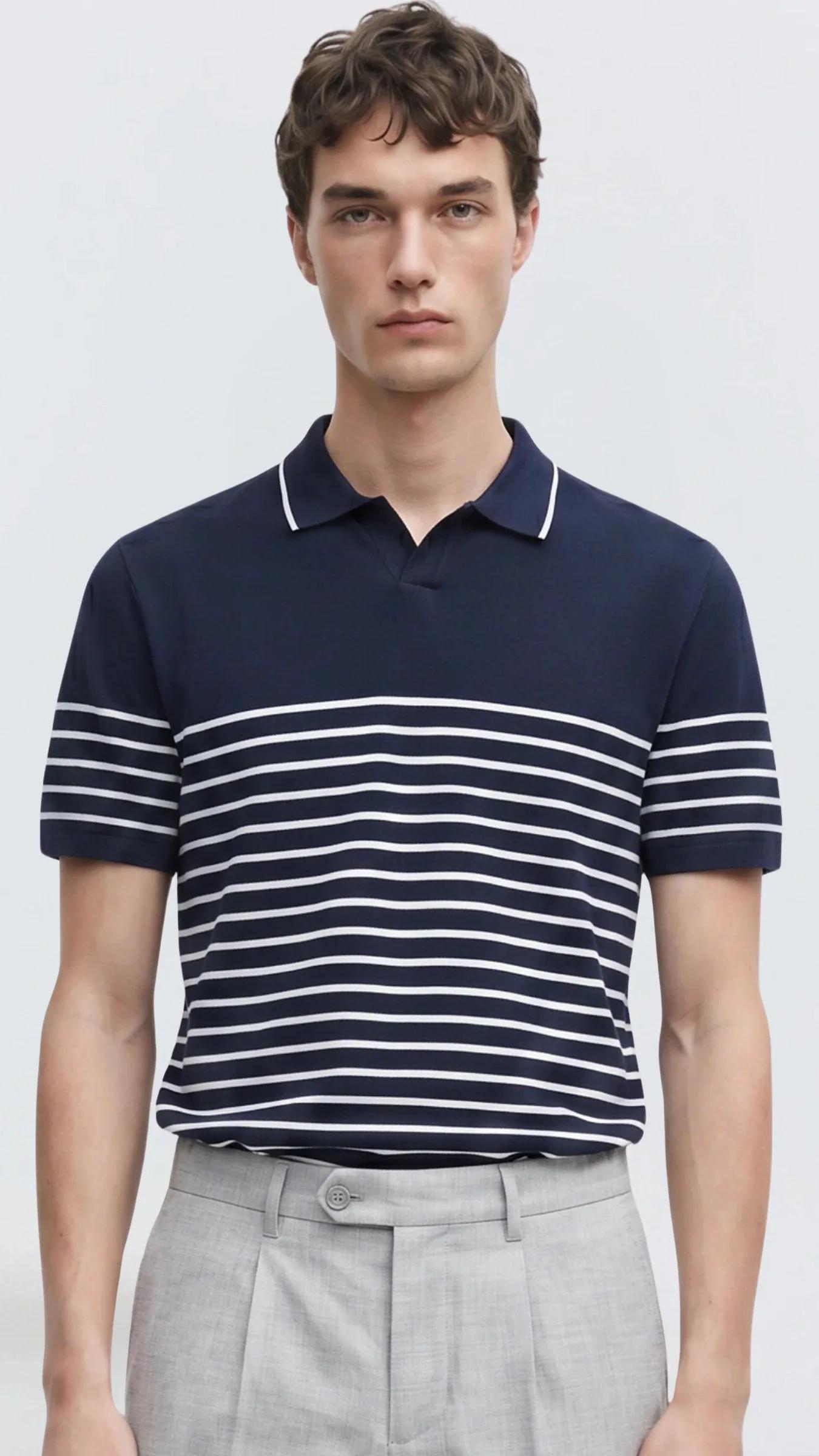 Premium Erkek Triko Polo Tişört Çizgili Emiliano - Lacivert
