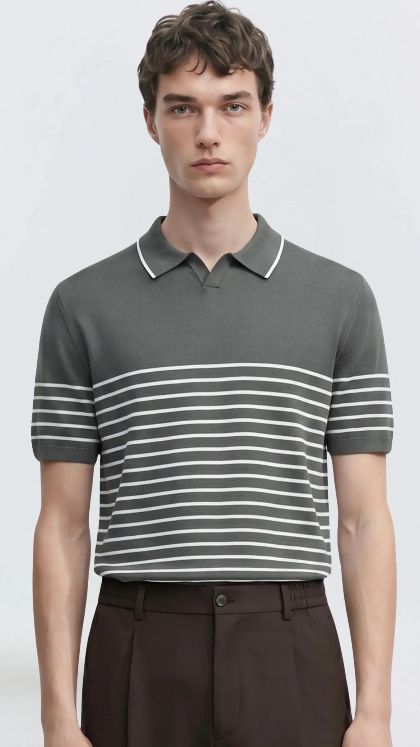 Premium Erkek Triko Polo Tişört Çizgili Emiliano - Haki