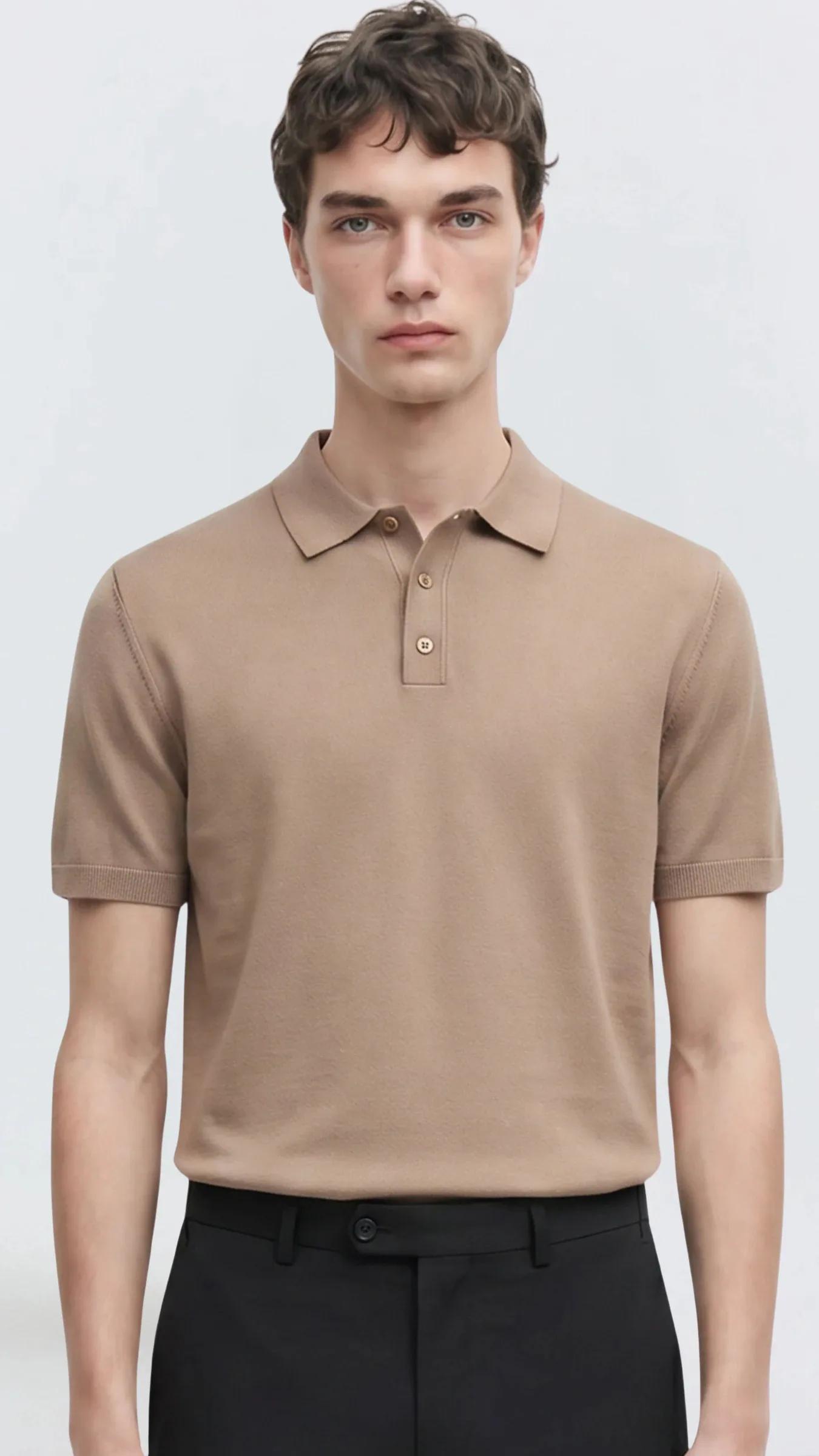 Premium Erkek Triko Polo Yaka T-Shirt Giovanni - Açık Kahve