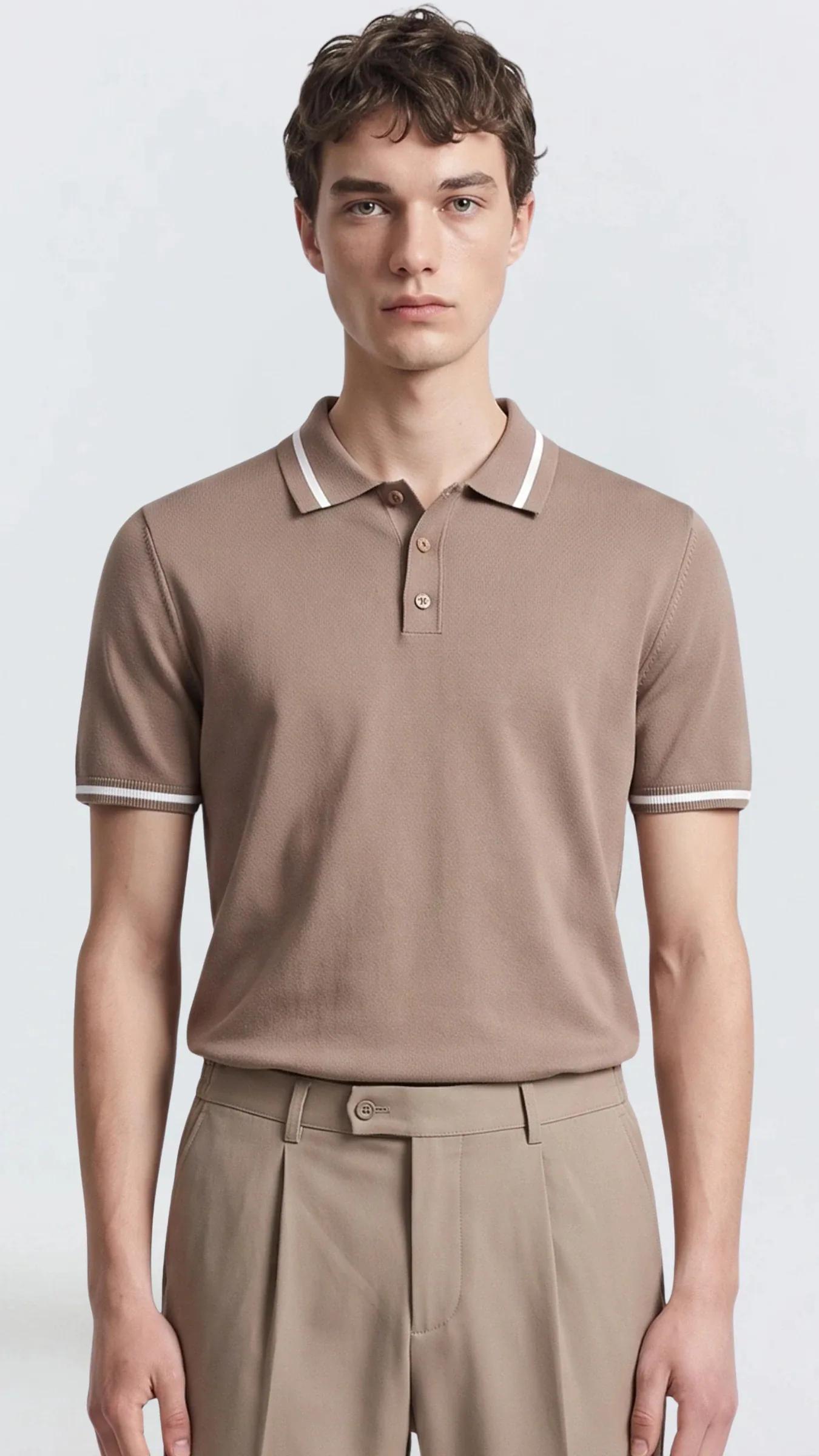 Premium Erkek Triko Polo Tişört Alberto - Açık Kahve