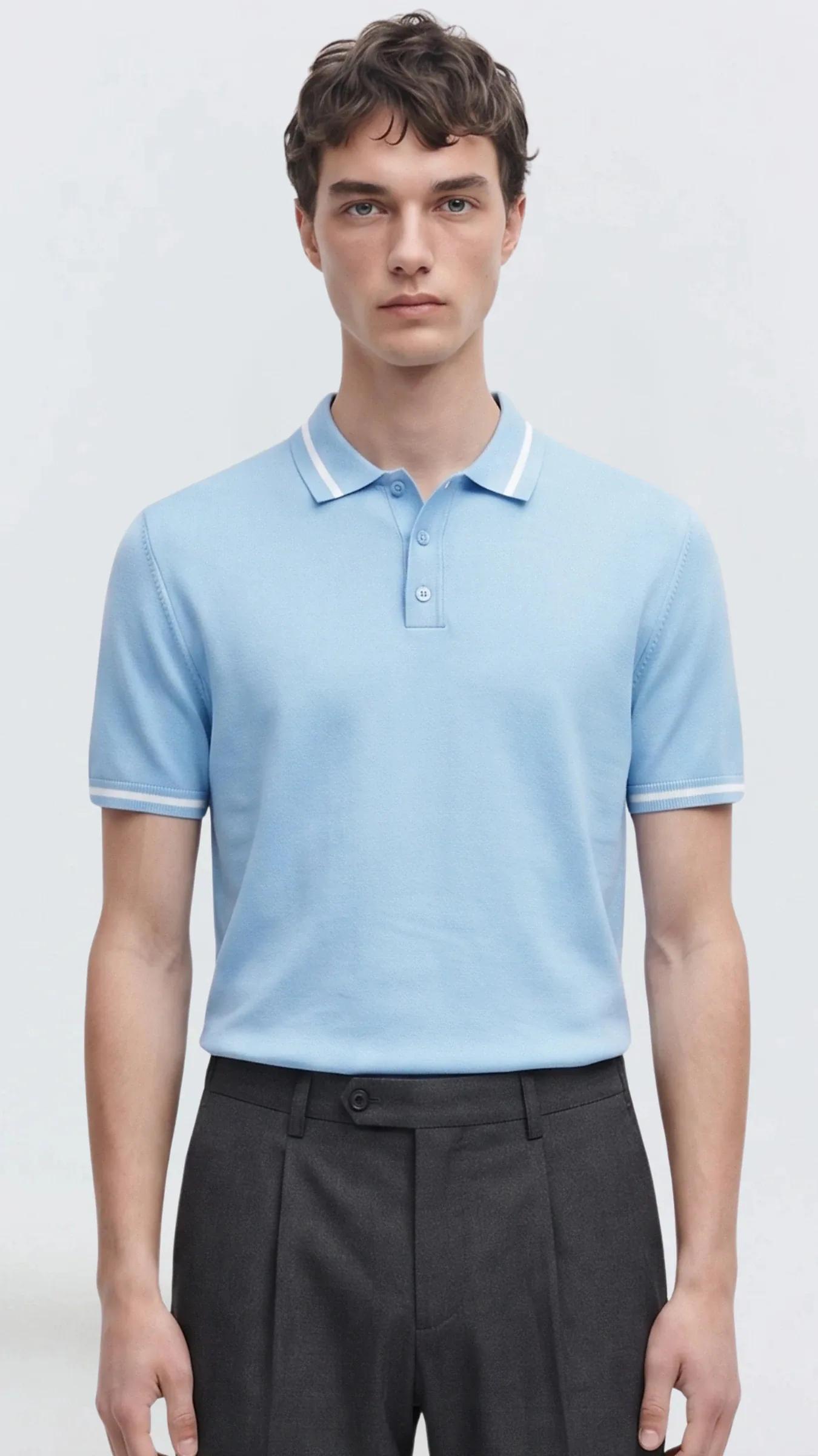 Premium Erkek Triko Polo Tişört Alberto - Açık Mavi