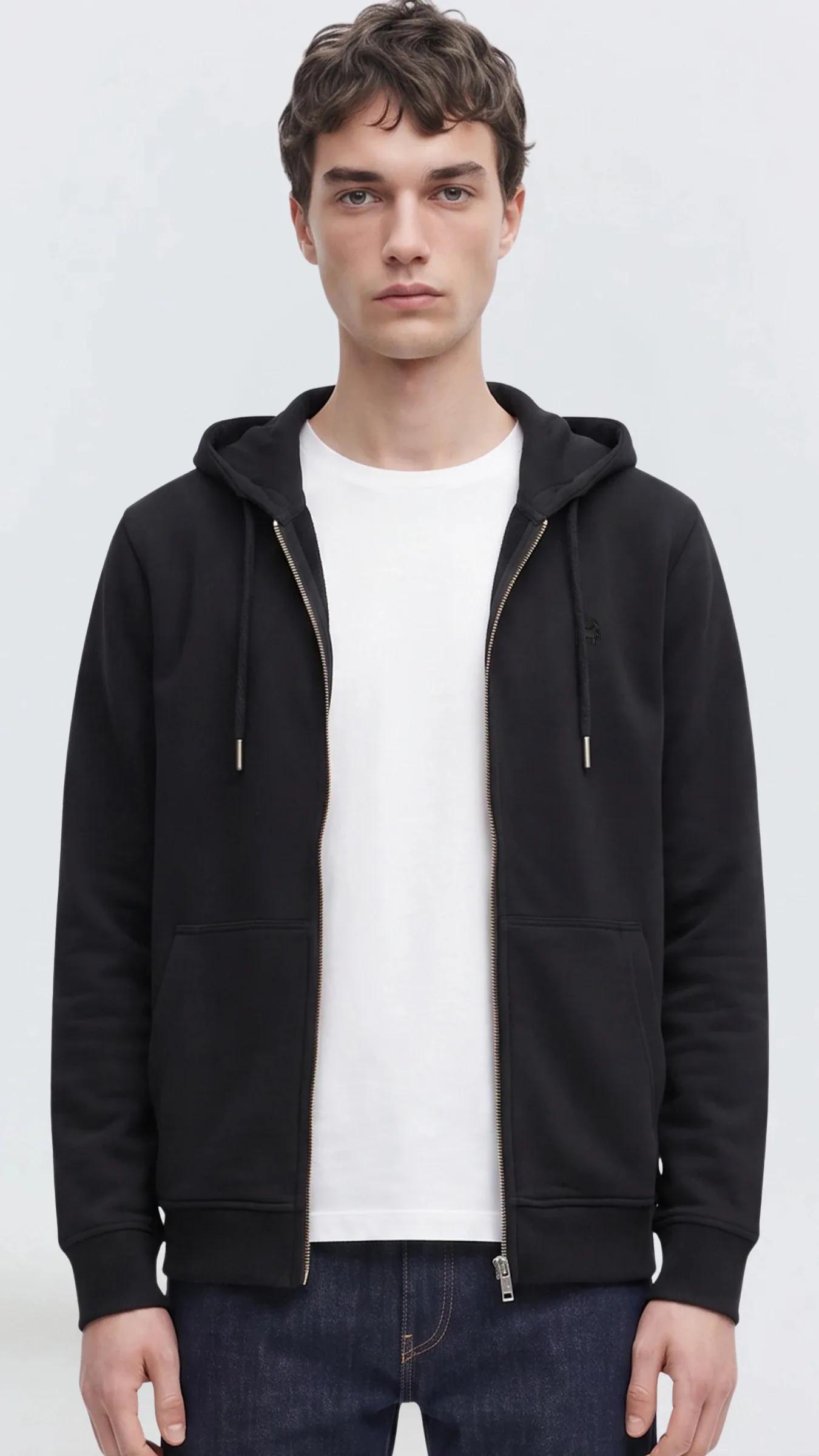 Premium Erkek Basic Logo Basic Kapüşonlu Sweatshirt Fermuarlı Onyx - Siyah