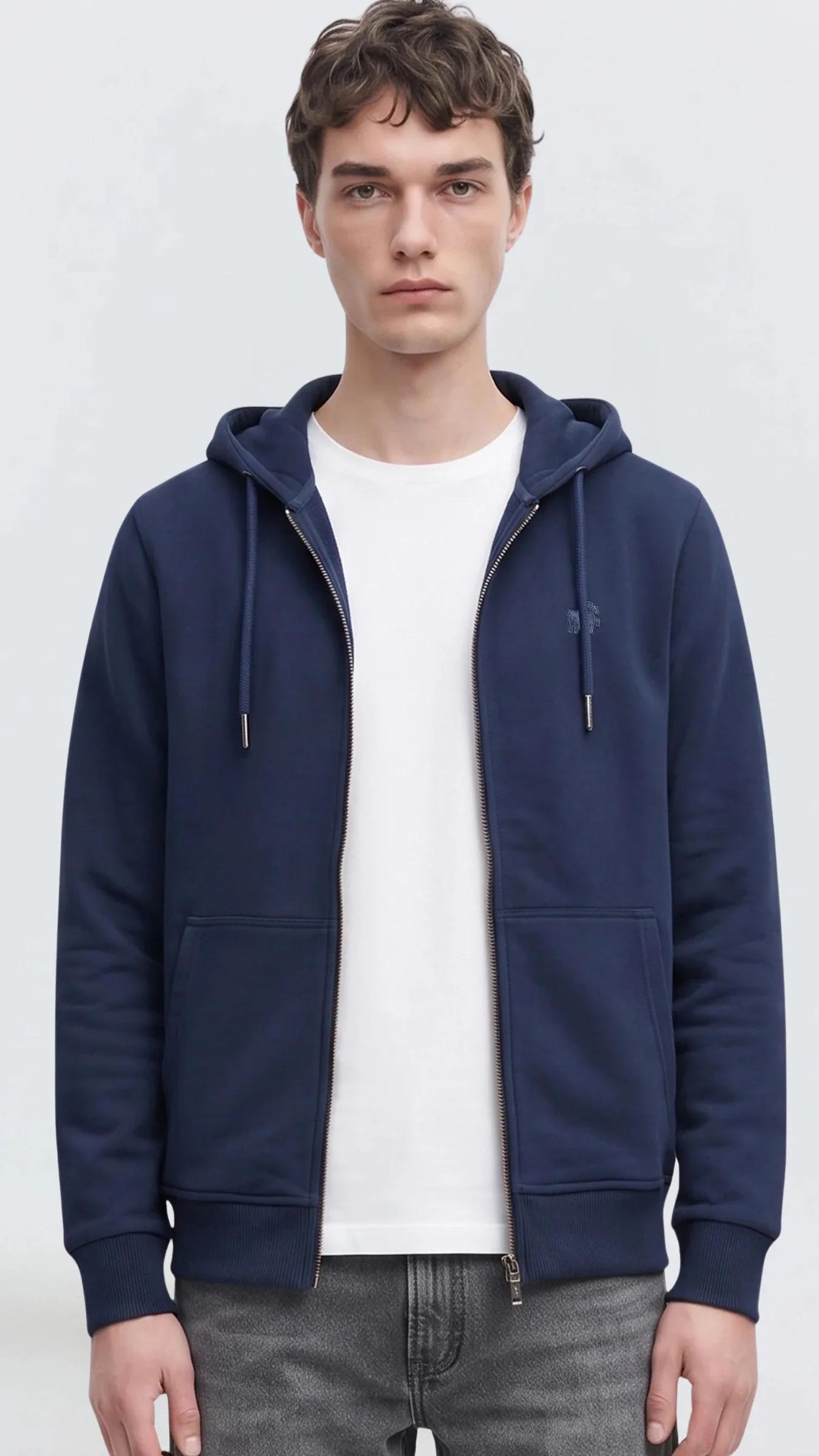Premium Erkek Basic Logo Basic Kapüşonlu Sweatshirt Fermuarlı Onyx - Lacivert