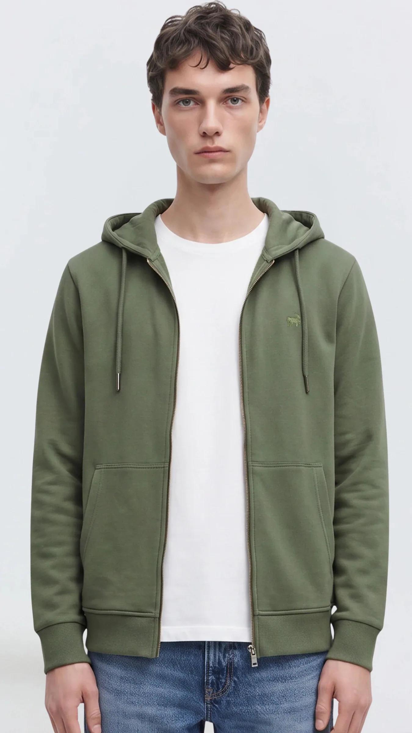 Premium Erkek Basic Logo Basic Kapüşonlu Sweatshirt Fermuarlı Onyx - Haki