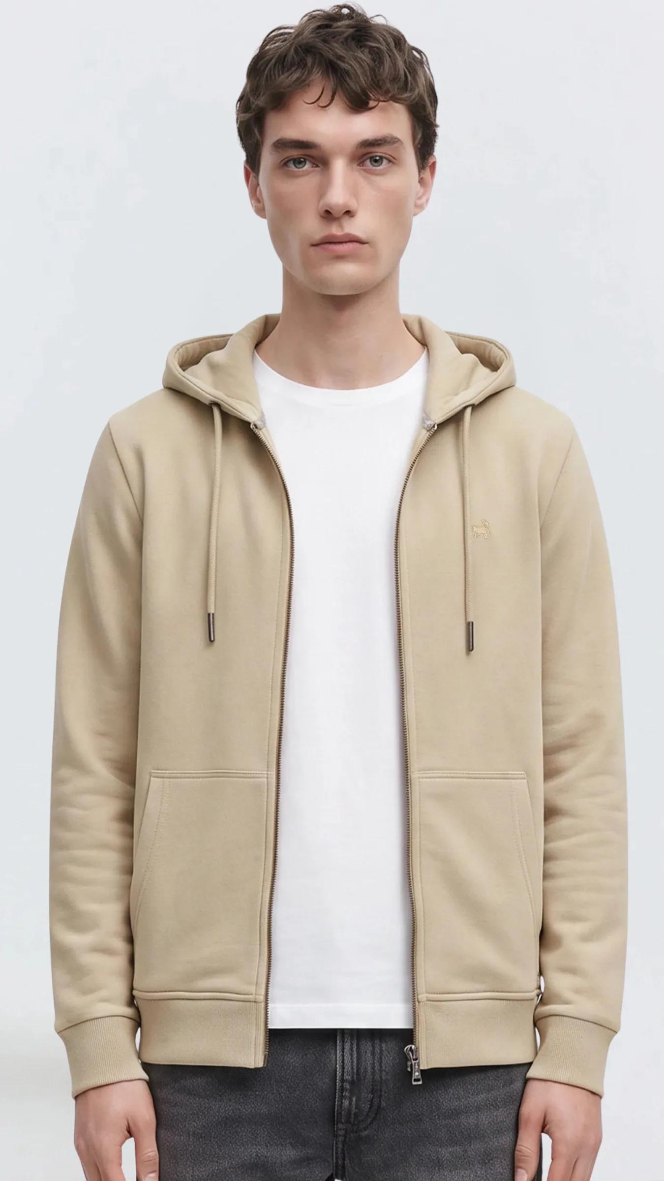 Premium Erkek Basic Logo Basic Kapüşonlu Sweatshirt Fermuarlı Onyx - Bej