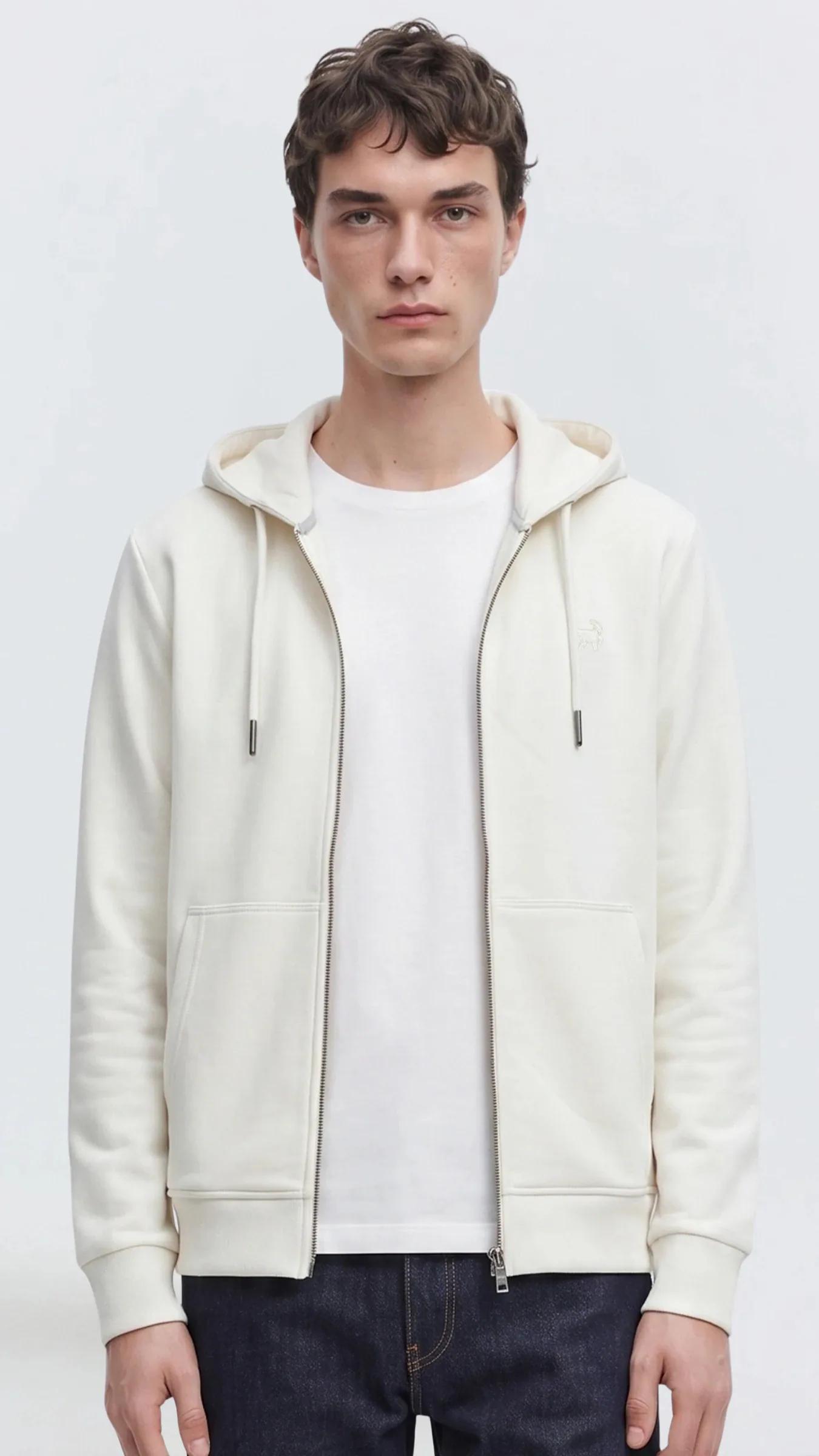Premium Erkek Basic Logo Basic Kapüşonlu Sweatshirt Fermuarlı Onyx - Ekru