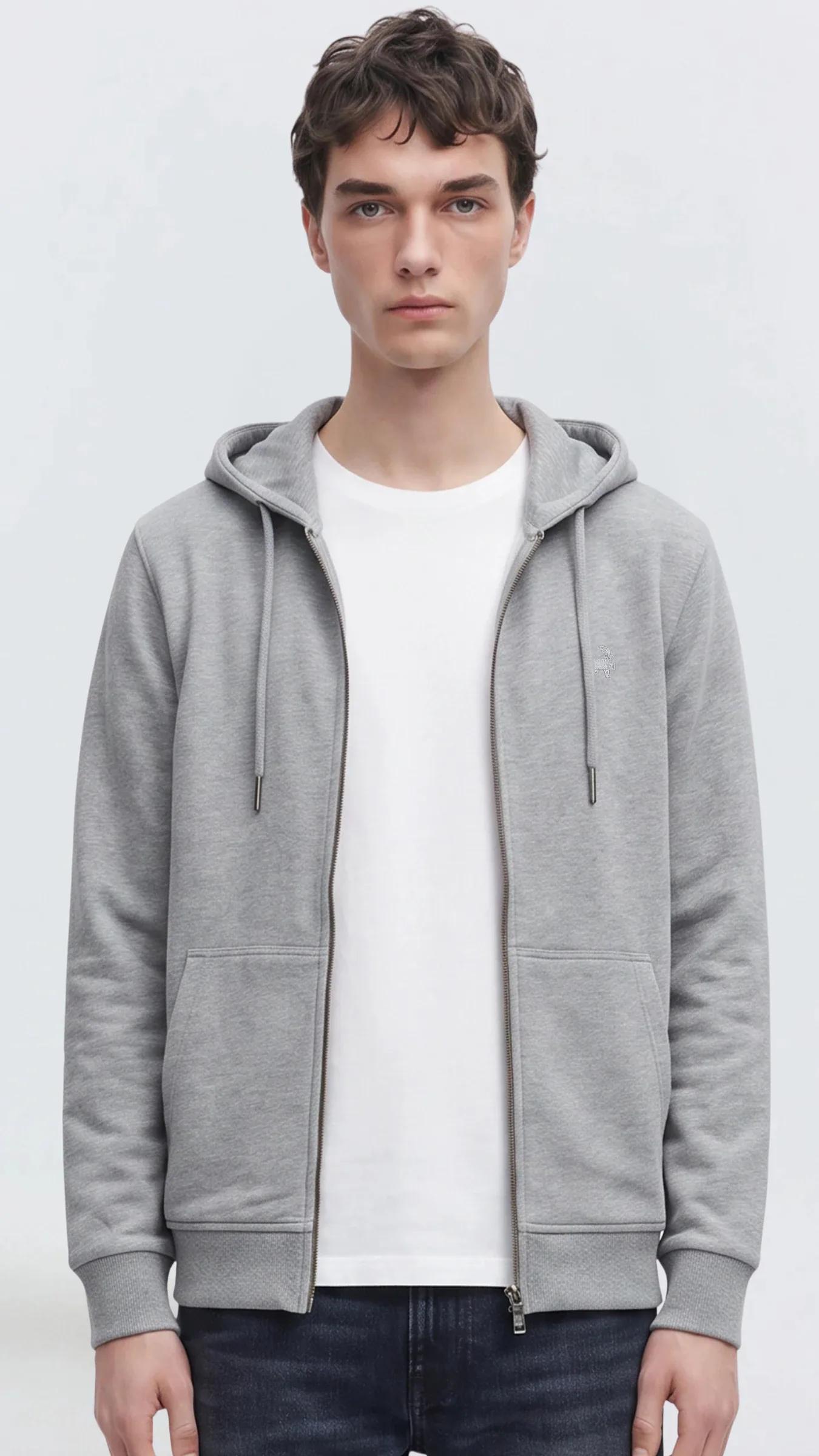 Premium Erkek Basic Logo Basic Kapüşonlu Sweatshirt Fermuarlı Onyx - Gri Melanj