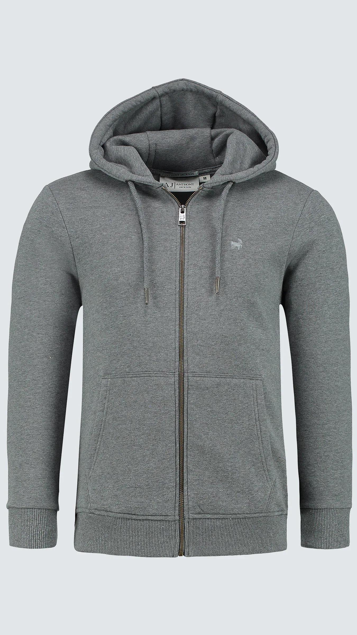 Premium Erkek Basic Logo Basic Kapüşonlu Sweatshirt Fermuarlı Onyx