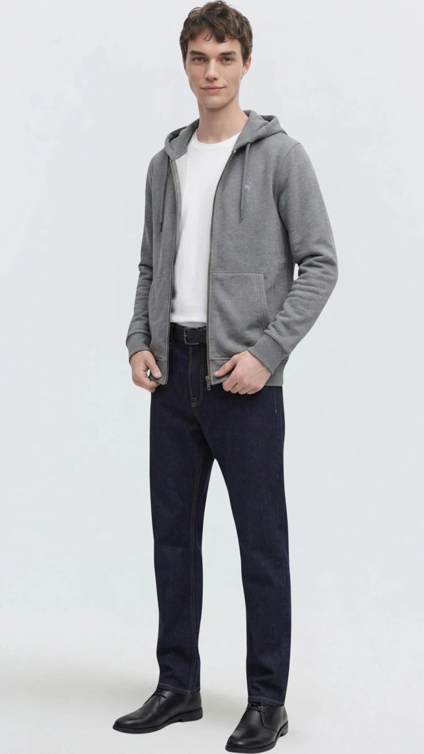 Premium Erkek Basic Logo Basic Kapüşonlu Sweatshirt Fermuarlı Onyx
