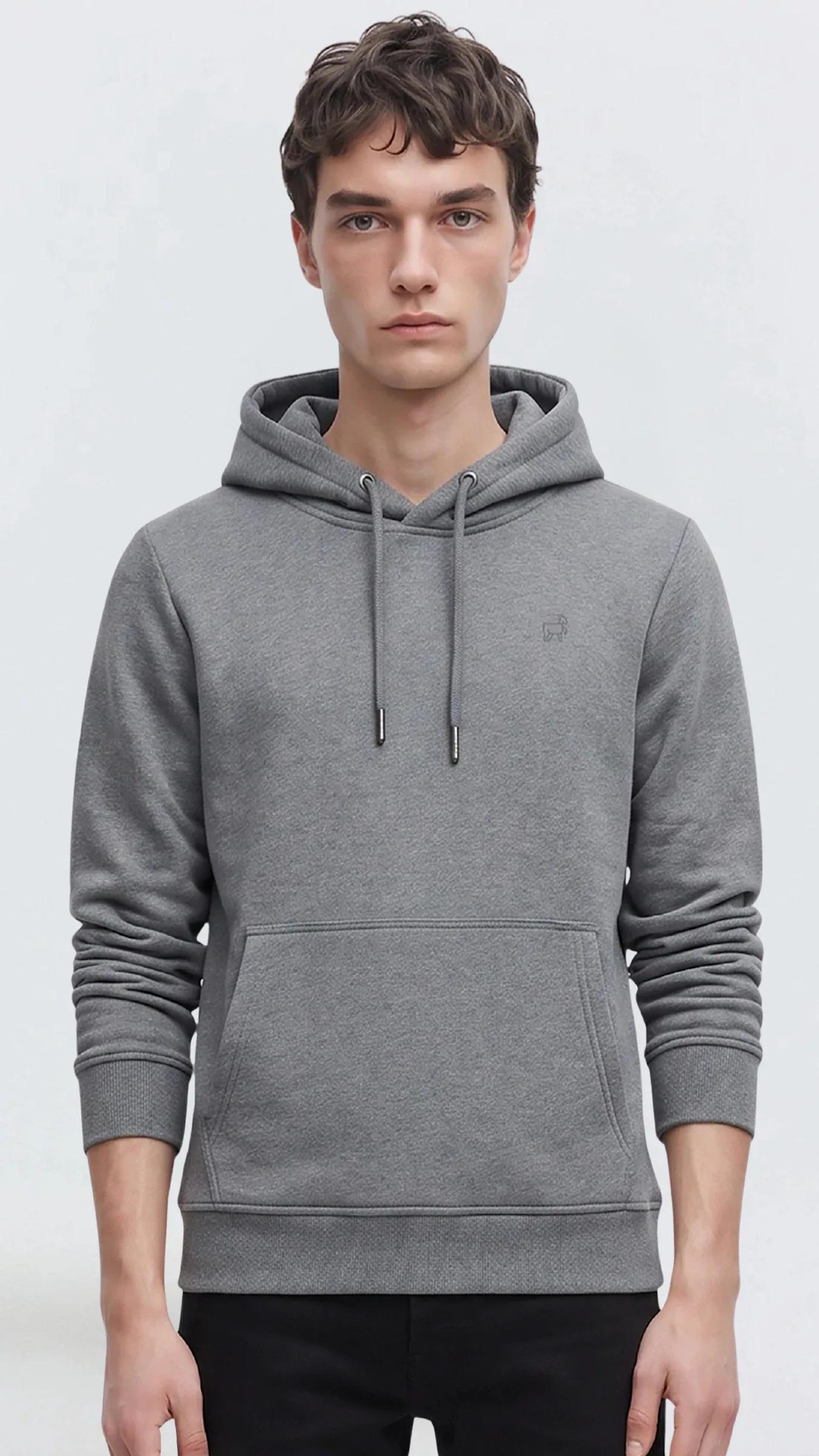 Premium Erkek Basic Logo Kapüşonlu Sweatshirt Flint - Antrasit Melanj
