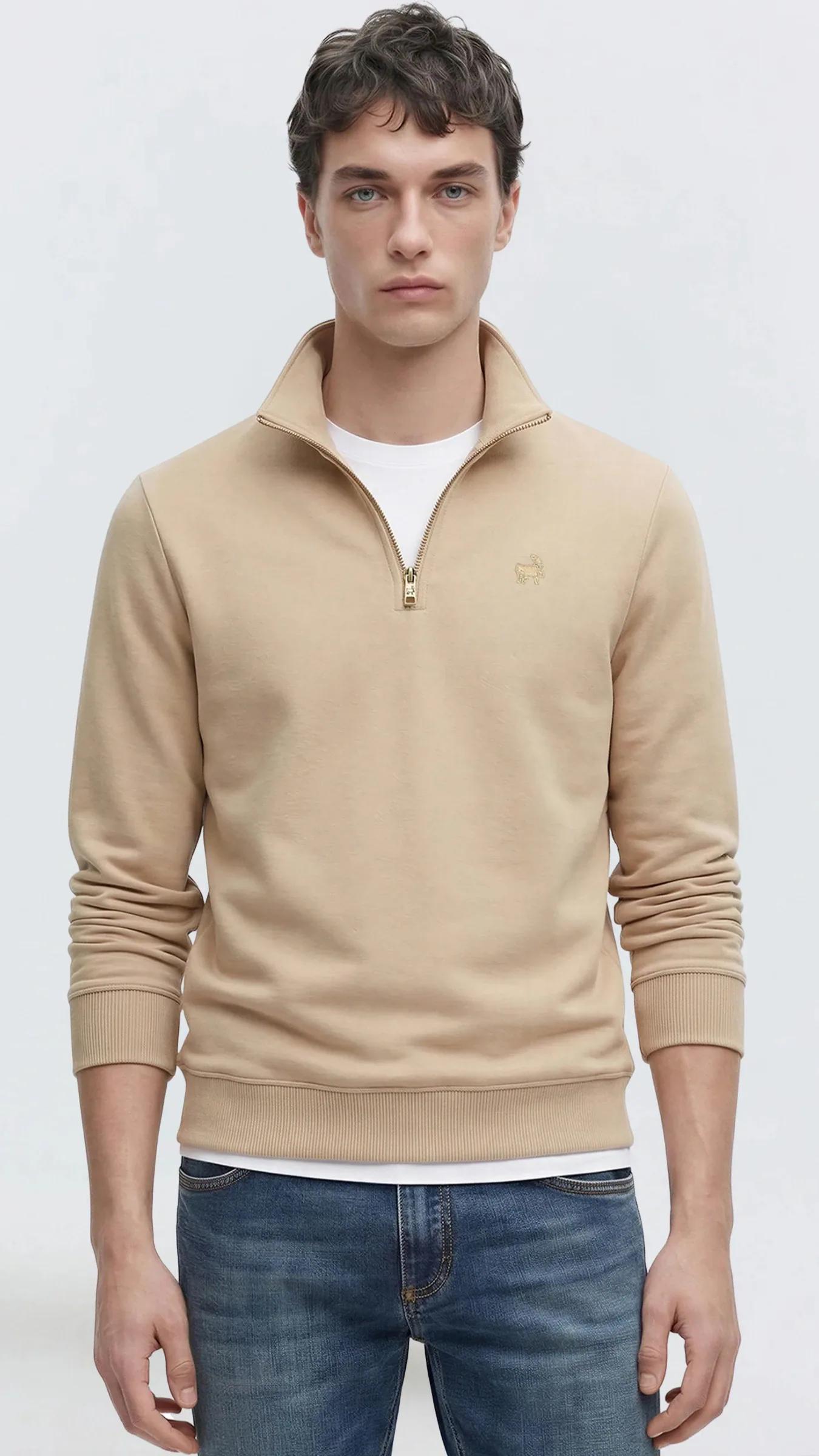 Premium Erkek Yarım Yaka Fermuarlı Sweatshirt Emilio - Bej
