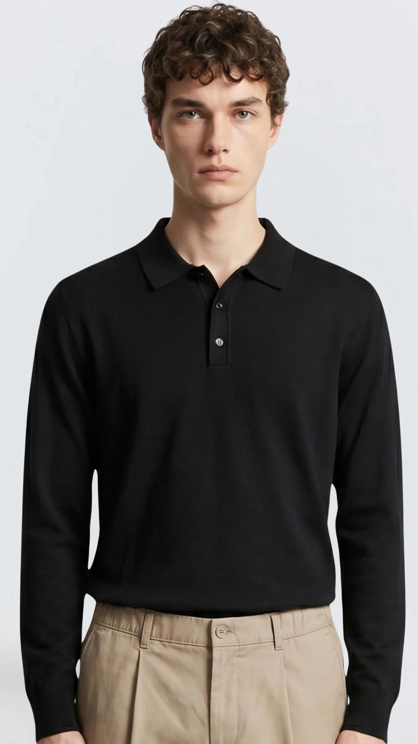 Premium Erkek Polo Yaka Triko Kazak Uzun Kollu Massimiliano - Siyah