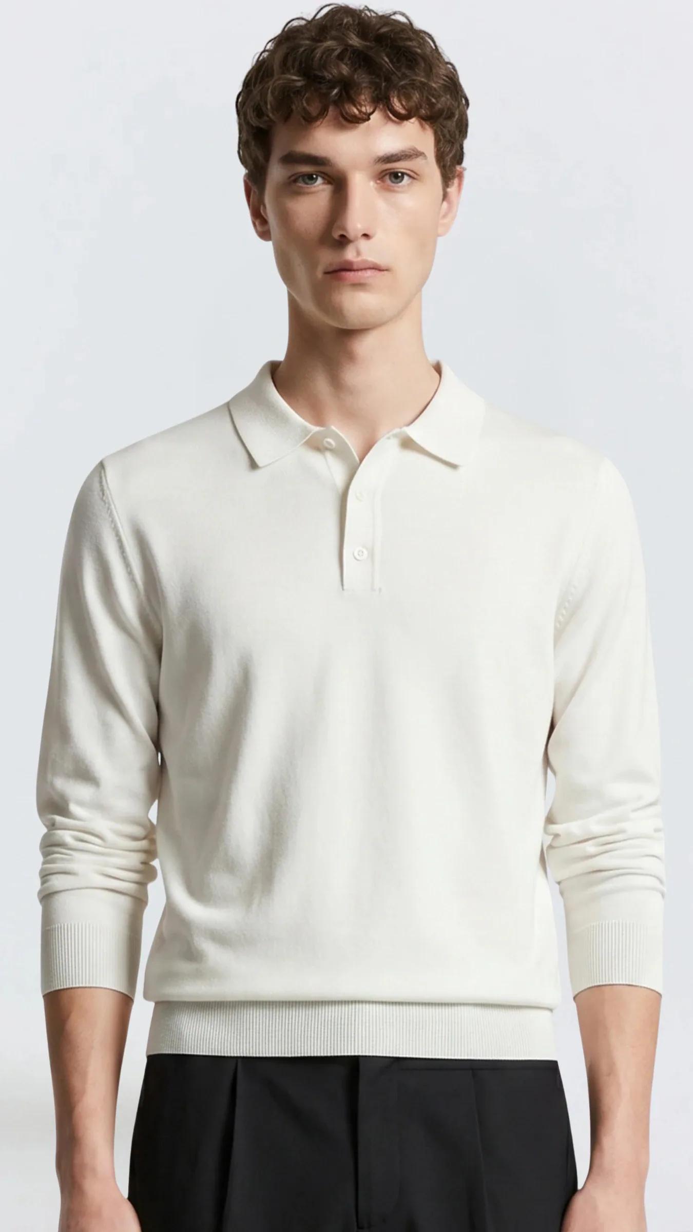 Premium Erkek Polo Yaka Triko Kazak Uzun Kollu Massimiliano - Beyaz
