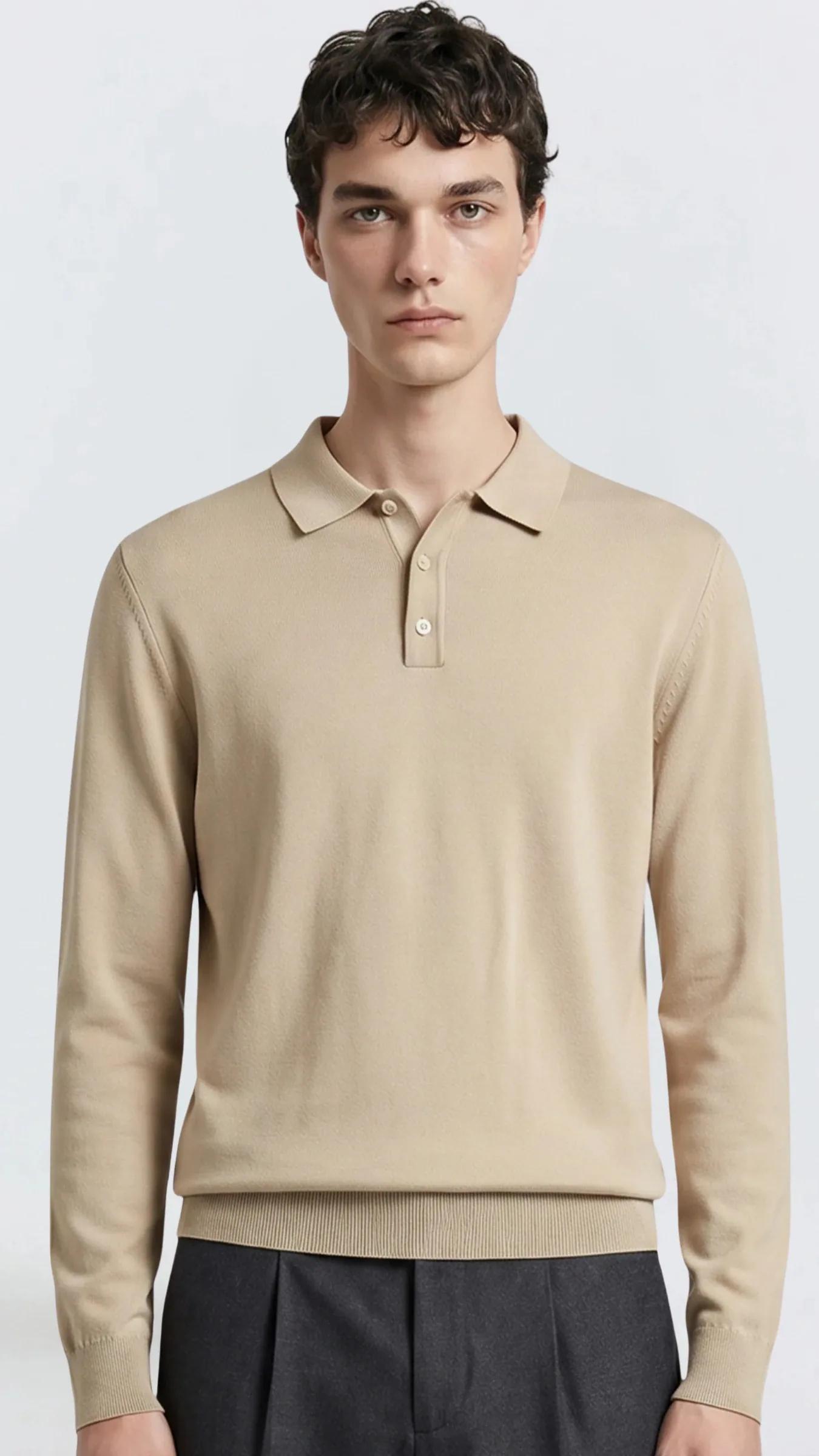 Premium Erkek Polo Yaka Triko Kazak Uzun Kollu Massimiliano - Bej