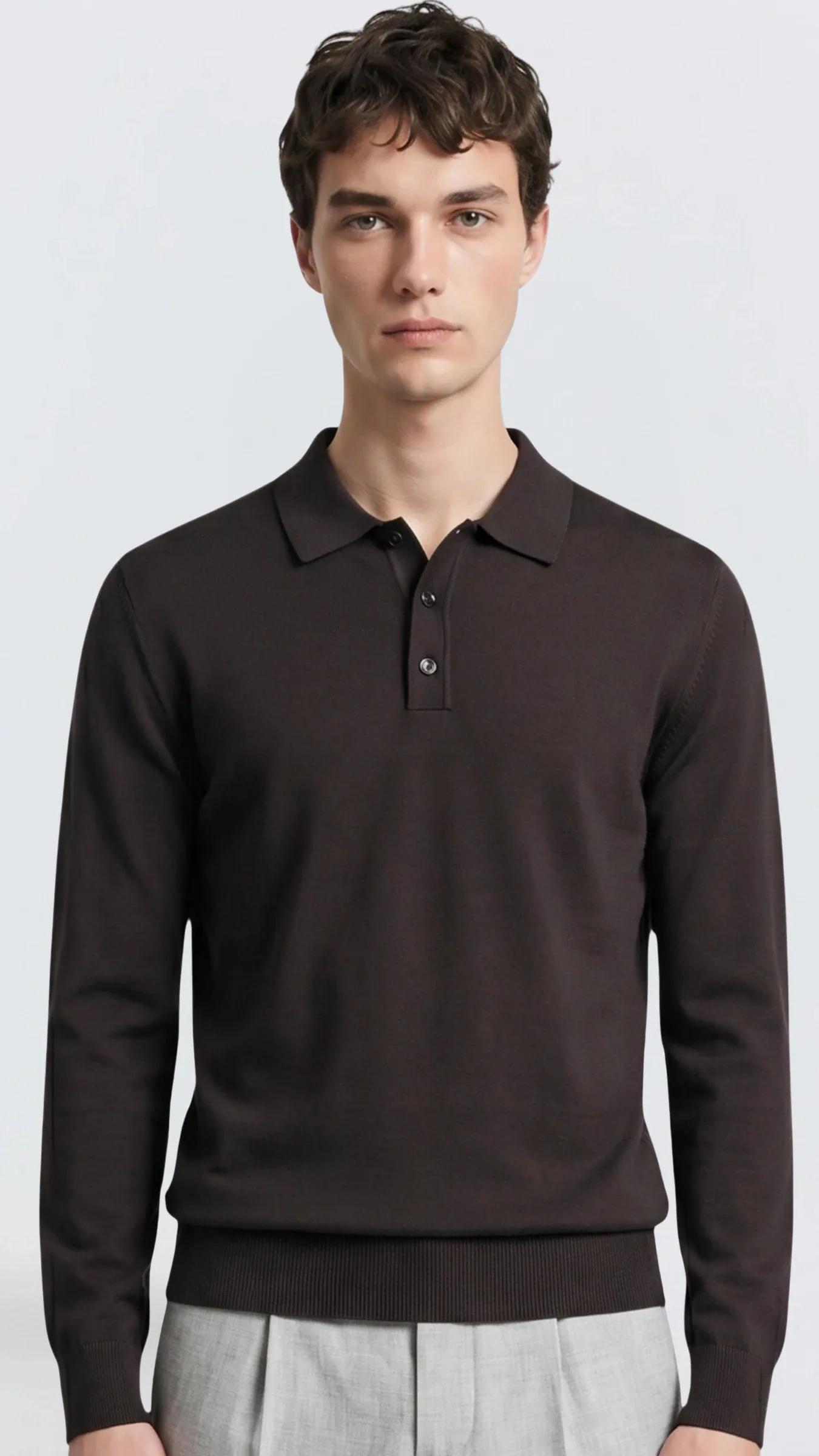 Premium Erkek Polo Yaka Triko Kazak Uzun Kollu Massimiliano - Kahverengi