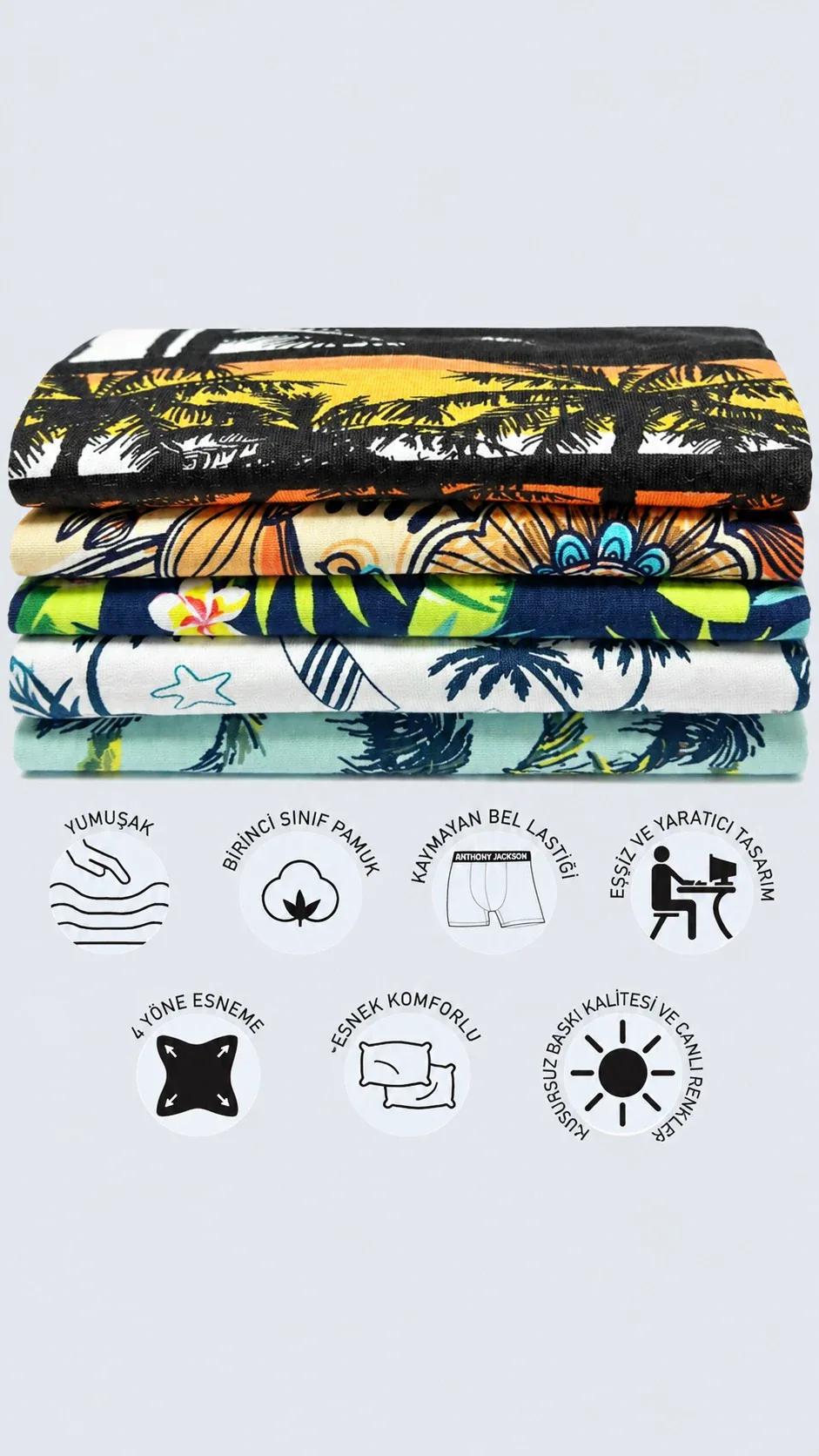 Likralı 5'li-3'lü Kutu Desenli Premium Erkek Boxer Palm Horizon