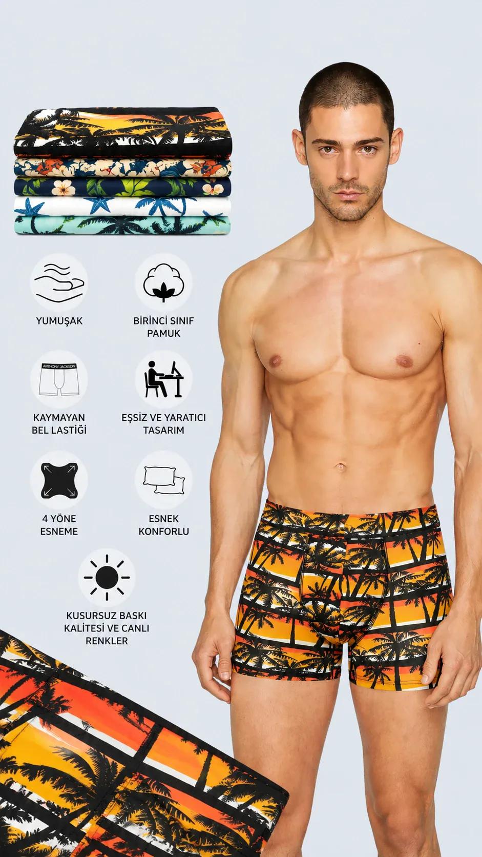 Likralı 5'li-3'lü Kutu Desenli Premium Erkek Boxer Palm Horizon